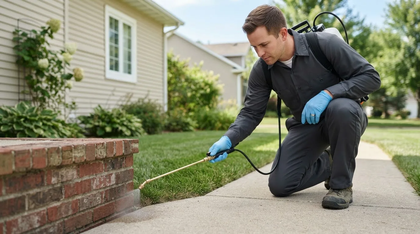 Pest control technician treating a home near Plymouth, IN